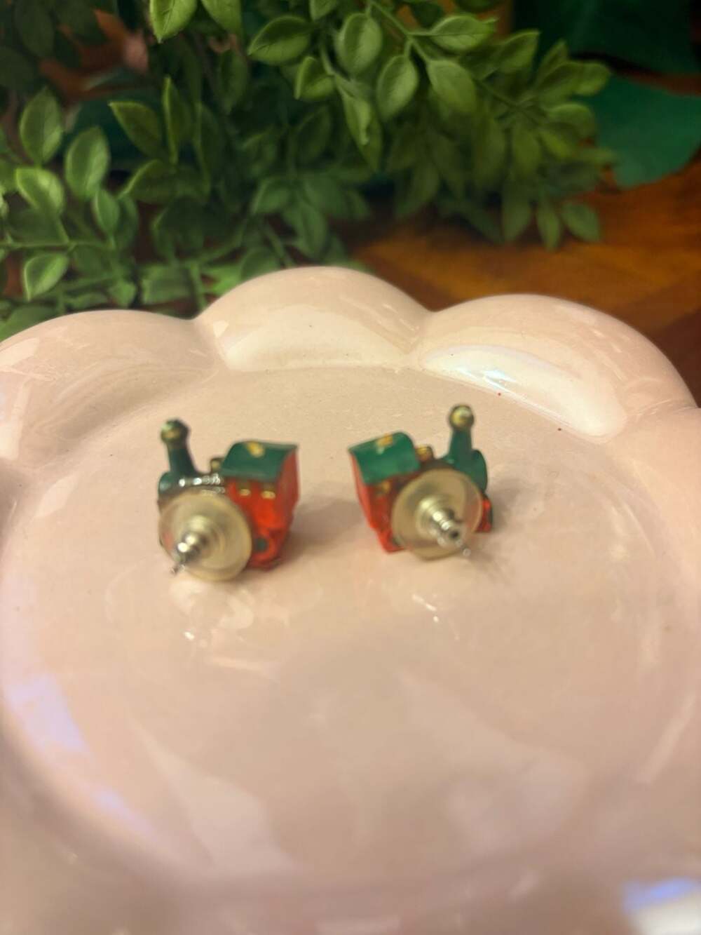Vintage Christmas Train Engine Stud Earrings in Red and Green